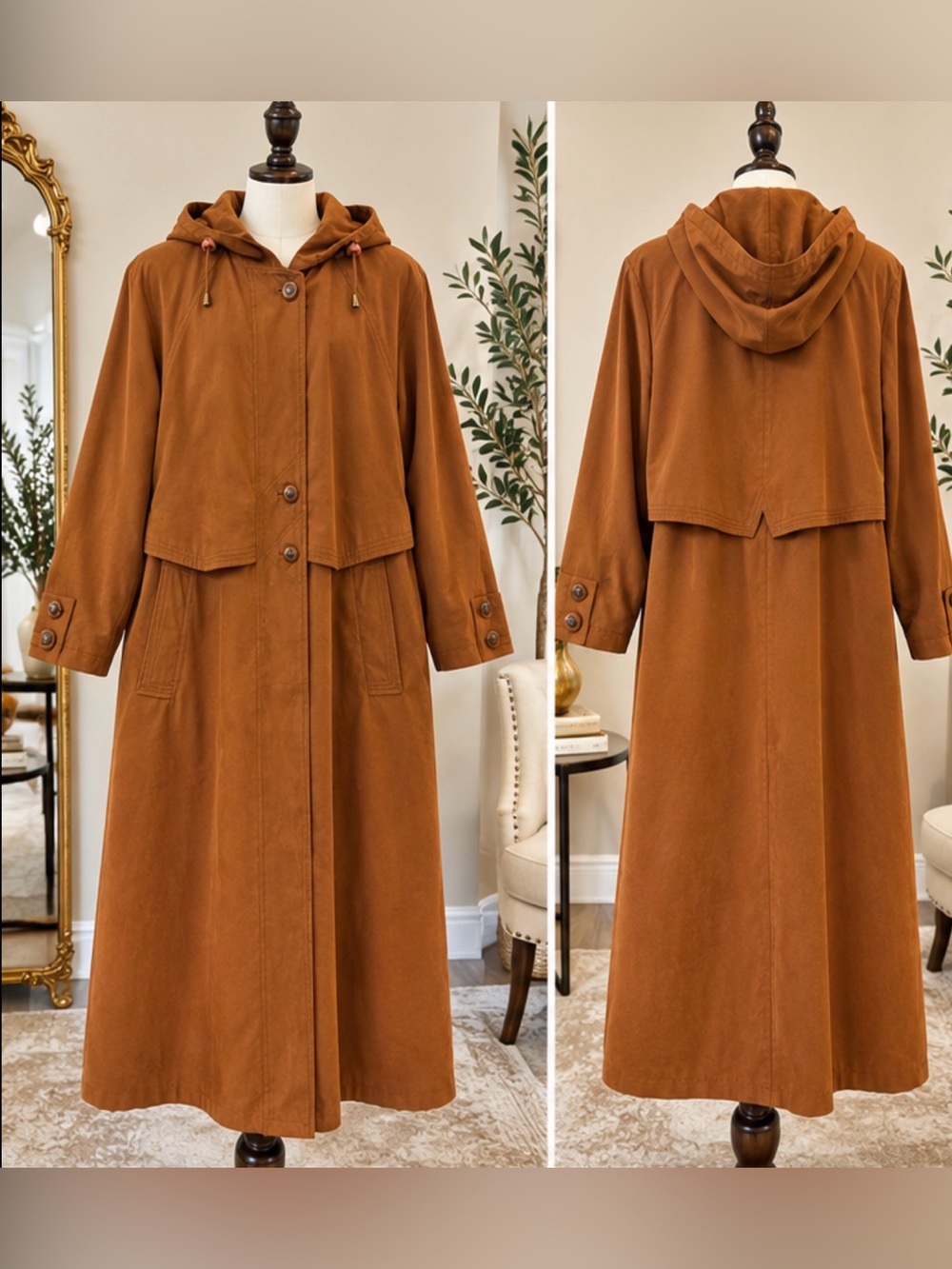 GALLERY Vintage Brown Hooded FullLength Coat Women’s Size 8 – Made in Hong Kong